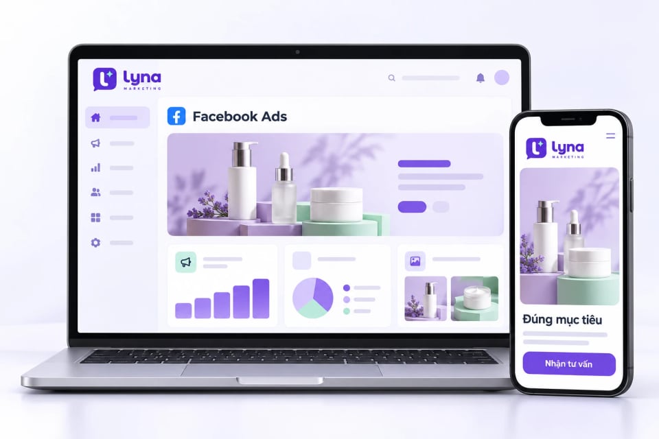 Mẫu minh họa Facebook Ads của Lyna Marketing trên laptop và điện thoại, đồng bộ tông tím và xanh mint