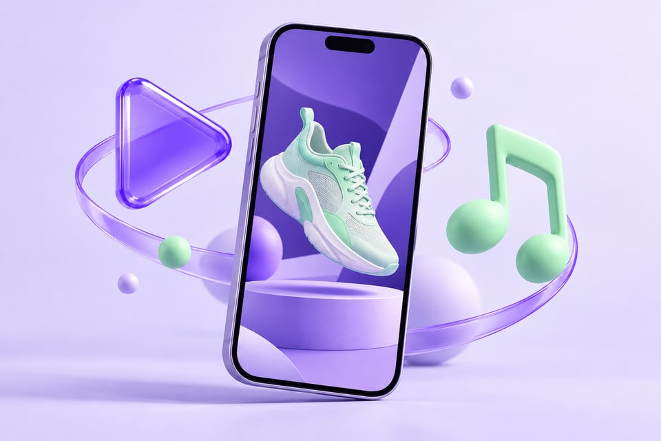 Hình minh họa dịch vụ TikTok Ads của Lyna với tông tím và xanh mint